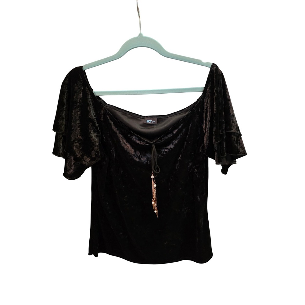 Sky Plus Black Crushed Velvet Off Shoulder Ruffle Sleeve Top Pearl Charm 3X